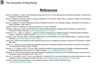 References
Boud, D. & Dawson, P. (2021). What feedback literate teachers do: An empirically-derived competency framework. Assessment &
Evaluation in Higher Education
Boud, D. & Molloy, E. (2013a). Decision-making for feedback. In D. Boud & E. Molloy (Eds.), Feedback in Higher and Professional
Education. London: Routledge.
Boud, D. & Molloy, E. (2013b). Rethinking models of feedback for learning: The challenge of design. Assessment & Evaluation in
Higher Education, 38(6), 698-712.
Carless, D. (2015). Excellence in University Assessment. London: Routledge.
Carless, D. & Boud, D. (2018). The development of student feedback literacy: Enabling uptake of feedback. Assessment &
Evaluation in Higher Education. doi:10.1080/02602938.2018.1463354.
Carless, D., To, J., Kwan, C. & Kwok, J., (2020). Disciplinary perspectives on feedback practices: Towards signature feedback
practices. Teaching in Higher Education. https://doi.org/10.1080/13562517.2020.1863355.
Carless, D. & N. Winstone (2020). Teacher feedback literacy and its interplay with student feedback literacy, Teaching in Higher
Education. doi:10.1080/13562517.2020.1782372
Chong, S.W. (2020). Reconsidering student feedback literacy from an ecological perspective. Assessment & Evaluation in Higher
Education.
Clarke, J. L., & Boud, D. (2018). Refocusing portfolio assessment: Curating for feedback and portrayal. Innovations in Education
and Teaching International, 55(4), 479-486.
Dawson, P., D. Carless, and P. P. W. Lee. (2020.) Authentic feedback: Supporting learners to engage in disciplinary feedback
practices.Assessment and Evaluation in Higher Education. doi:10.1080/02602938.2020.1769022
Esterhazy, R. (2018). What matters for productive feedback? Disciplinary practices and their relational dynamics. Assessment &
Evaluation in Higher Education 43 (8): 1302-1314.
Filius, R., R. de Kleijn, S. Uijl, F. Prins, H. van Rijen & D. Grobbee (2019). Audio peer feedback to promote deep learning in online
education. Journal of Computer Assisted Learning. https://onlinelibrary.wiley.com/doi/full/10.1111/jcal.12363
Gravett, K. (2020). Feedback literacies as sociomaterial practice. Critical Studies in Education. doi:
10.1080/17508487.2020.1747099
The University of Hong Kong
 