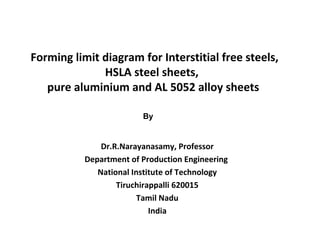 Forming limit diagram for Interstitial free steels,
HSLA steel sheets,
pure aluminium and AL 5052 alloy sheets
Dr.R.Narayanasamy, Professor
Department of Production Engineering
National Institute of Technology
Tiruchirappalli 620015
Tamil Nadu
India
By
 