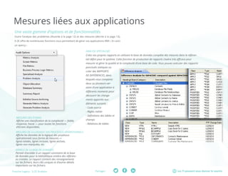Les TI peuvent vous donner le sourirePartager :Fresche Legacy : X-2E Analysis
Mesures liées aux applications
MESURES DES ÉCRANS
Affiche une classification de la complexité — faible,
moyenne, haute — pour toutes les fonctions
d’écrans disponibles.
MESURES DE LA LOGIQUE DES PROCESSUS OPÉRATIONNELS
Affiche les données de la logique des processus
opérationnels sous forme de mesures —
lignes totales, lignes incluses, lignes exclues,
lignes non marquées, etc.
APERÇU DE LA BASE DE DONNÉES
Permet d’accéder à un rapport sommaire de la base
de données pour la bibliothèque entière des référenc-
es croisées. Le rapport contient des renseignements
sur les fichiers, leurs clés uniques et d’autres détails
importants sur les fichiers.
ANALYSE SPÉCIALISÉE
Créez vos propres rapports en utilisant la base de données complète des mesures dans le référen-
tiel défini pour le système. Cette fonction de production de rapports s’avère très efficace pour
mesurer et gérer la qualité et la complexité d’une base de code. Vous pouvez exécuter des rapports
ponctuels statiques ou
créer des RAPPORTS
DE DIFFÉRENCES, dans
lesquels vous comparez
deux ou plusieurs ver-
sions d’une application à
différents moments pour
découvrir les change-
ments apportés aux
éléments suivants :
- Code source
- Règles métier
- Définitions des tables et
champs
- Relations de tables
Une vaste gamme d’options et de fonctionnalités
Outre l’analyse des problèmes (illustrée à la page 12) et des mesures (décrite à la page 13),
X-2E offre de nombreuses fonctions vous permettant de gérer vos applications IBM i. En voici
un aperçu :
 