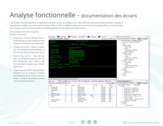 Les TI peuvent vous donner le sourirePartager :Fresche Legacy : X-2E Analysis
Analyse fonctionnelle - documentation des écrans
X-2E Analysis extrait la définition complète de la fonction à partir du modèle CA 2E. Cette définition peut ensuite être visualisée, analysée et
documentée en détail, soit en format Word, Open Office ou PDF. La définition peut aussi être exportée en langage XML pour être réutilisée
avec d’autres outils ou environnements de développement lors des projets de modernisation.
Voici quelques-unes des principales
fonctions des écrans :
ff Disposition : tous les formats sont af-
fichés tels que vus par l’utilisateur sans
nécessiter l’exécution du programme.
ff Champs des écrans : détails complets
des constantes/étiquettes/champs à
l’écran; source de données par champ.
ff Actions des écrans – tous les ap-
pels ou événements/actions par dé-
faut déclenchés dans l’écran, avec
les paramètres passés pour chaque
événement.
ff Diagramme de contenu des données :
présente tous les champs et champs
de travail avec leurs sources de don-
nées, y compris les jointures prove-
nant de fichiers connexes.
 