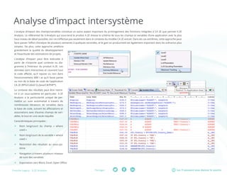 Les TI peuvent vous donner le sourirePartager :Fresche Legacy : X-2E Analysis
Analyse d’impact intersystème
L’analyse d’impact des champs/variables constitue un autre aspect important du prolongement des fonctions intégrées à CA 2E que permet X-2E
Analysis. Le référentiel de X-Analysis qui sous-tend le produit X-2E dresse le schéma de tous les champs et variables d’une application avec le plus
haut niveau de détail possible; ceci ne s’effectue pas seulement dans le contexte du modèle CA 2E extrait. Dans les cas extrêmes, cette approche peut
faire passer l’effort d’analyse de plusieurs semaines à quelques secondes, et le gain en productivité est également important dans les scénarios plus
simples. De plus, cette approche améliore
grandement la qualité du développement
et l’exactitude des estimations de projets.
L’analyse d’impact peut être exécutée à
partir de n’importe quel contexte ou dia-
gramme à l’intérieur du produit X-2E. Les
données sont interactives et couvrent tout
le code affecté, qu’il repose ou non dans
l’environnement IBM i et qu’il fasse partie
ou non de la base de code de l’application
CA 2E (RPG/Cobol/ CL/Java/C#/PHP*).
Le contexte des résultats peut être restre-
int à un sous-système en particulier. X-2E
Analysis a la particularité unique de per-
mettre un suivi automatisé à travers de
nombreuses itérations de variables dans
la base de code, suivant les affectations et
associations avec d’autres champs de vari-
ables, le tout en une seule requête.
Caractéristiques principales :
ff Nom long/court du champ « where
used »
ff Nom long/court de la variable « where
used »
ff Restriction des résultats au sous-sys-
tème
ff Navigation à travers plusieurs niveaux
de suivi des variables
ff Exportation vers Word, Excel, Open Office
 