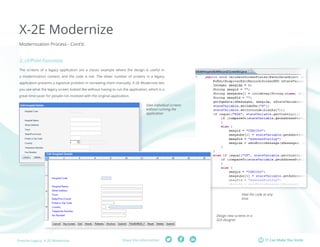 Fresche Legacy: X-2E Modernize Share this information: IT Can Make You Smile 
X-2E Modernize 
Modernization Process - Cont’d. 
3. UI/Print Functions 
The screens of a legacy application are a classic example where the design is useful in 
a modernization context, and the code is not. The sheer number of screens in a legacy 
application presents a logistical problem in recreating them manually. X-2E Modernize lets 
you see what the legacy screen looked like without having to run the application, which is a 
great time saver for people not involved with the original application. 
View individual screens 
without running the 
application 
Design new screens in a 
GUI designer 
View the code at any 
time 
 