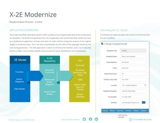 Fresche Legacy: X-2E Modernize Share this information: IT Can Make You Smile 
X-2E Modernize 
Modernization Process - Cont’d. 
APPLICATION GENERATION 
The modernized Web application based on MVC architecture can be generated after all the components 
are available. X-2E Modernize generates the sort of application that would have been written by hand 
by a professional application architect and team of coders without losing the essence of the original 
design or functional value. This is all done automatically into the IDEs of the language chosen by the 
user during generation. The new application is easier to enhance and maintain, and as such naturally 
attracts a wider, more-readily available resource pool for future development and maintenance. 
2E Model 
Function 
Action 
Diagrams 
Data Model 
Extracted 
Functions 
Refactored 
Action 
Diagrams 
Explicit Data 
Model 
View 
Controller 
Extracted 
Business Logic 
Class 
ORM 
Generic Data 
Base I/O 
Classes 
Modern 
Database 
X-2E 
Repository 
Rebuilding the UI - Cont’d. 
X-2E Modernize helps you generate screens in the format that 
fits your workflow. 
Edit pop-up 
window 
 