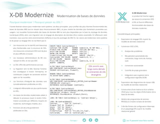 Les TI peuvent vous faire sourirePartager :Fresche Legacy: X-DB Modernize
X-DB Modernize Modernisation de bases de données
Caractéristiques principales:
ff Exportation du langage DDL à partir du
modèle de données relationnel
ff Conversion DDS à DDL
ff Analyse des problèmes
ff Récupération automatisée des
contraintes, longs noms de champs,
vues
ff Conversion automatisée 	
ff Contrôle de projet granulaire
ff Intégration avec la gestion de la
configuration logicielle (SCM)
ff Exportation des diagrammes de classes UML
du modèle de données relationnel
ff Construction d’une matrice et d’un schéma
CRUD pour tous les objets d’information de la
base de données
ff Génère des programmes de services
RPGSQLLE à travers la base de données
ff Crée des fichiers de configuration Hibernate
et un paquetage JPA à partir du modèle
relationnel généré
X-DB Modernize
X-DB Modernize:
Le produit de Fresche Legacy
qui assure la conversion DDS
à DDL et fournit différentes
fonctionnalités des bases de
données modernes.
Pourquoi moderniser ? Pourquoi passer au DDL ?
ff Les ressources sur le marché sont beaucoup
plus familiarisées avec la structure de DDL.
Les ressources connaissant DDS sont de plus
en plus difficiles à trouver.
ff Les nouveaux administrateurs de BD con-
naissent le DDL, et non pas DDS
ff Le DDL offre des performances accrues
ff La migration vers le DDL favorise l’orienta-
tion stratégique à travers l’entreprise, en
contribuant à aligner les anciennes technol-
ogies sur les nouvelles.
ff Les fonctions d’intégrité des données sont
considérablement améliorées en DDL.
ff L’intégrité référentielle est plus performante
en DDL.
ff Les bases de données modernisées aident à
débuter le processus visant à rendre l’infor-
mation accessible par différents moyens (IU
modernes, technologies mobiles, etc.)
ff Fonctions de sécurité grandement
améliorées en DDL
Il existe diverses raisons pour moderniser votre système. Les deux principales : pour profiter des plus récentes fonctionnalités des
bases de données IBM tout en restant dans l’environnement IBM i; et pour rendre les données plus facilement accessibles aux
usagers. Les nouvelles fonctionnalités des bases de données IBM ne sont plus disponibles par le biais du stockage de données
numériques (DDS), alors une migration vers le langage de description de données (DLL) s’avère essentielle. En effectuant cette
transition, vous ouvrirez votre environnement d’affaires à tous les avantages de DB2 Or, les raisons de moderniser votre système
et de passer au langage DDL ne s’arrêtent pas là :
DDL enrichi avec
longs noms dérivés
et contraintes de clés
étrangères
 