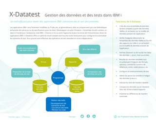 Les TI peuvent vous donner le sourirePartager :Fresche Legacy : X-Datatest
X-Datatest Gestion des données et des tests dans IBM i
Un outil efficace pour tester des applications IBM i volumineuses et non documentées Fonctions de X-Datatest
ff Crée des sous-ensembles de données
de test complets à partir des données
réelles, en se basant sur le modèle de
données existant de l’application.
ff Vérifie l’intégrité référentielle de
l’ensemble des données réelles et fournit
des rapports sur celle-ci, en se basant
sur le modèle de données existant de
l’application.
ff Permet d’avancer ou de reculer les dates
des données — jours, mois ou années.
ff Brouille les données sensibles tout
en préservant l’intégrité des formats
spéciaux, comme les numéros de
téléphone, noms, codes postaux, etc.
ff Configure les environnements de test.
ff Définit les points de contrôle et intègre
des données à ceux-ci.
ff Exécute les tests de manière répétée.
ff Compare les données qui en résultent
dans des fichiers/tables/rapports.
ff Présente les différences de manière
conviviale.
Les applications IBM i sont fortement modifiées au fil des ans, et généralement, elles ne comprennent pas une bibliothèque
exhaustive de scénarios ou de spécifications pour les tests. Développant sa suite X-Analysis—l’ensemble d’outils numéro un
dans le monde pour l’analyse du code IBM i—Fresche a mis au point l’approche la plus reconnue de l’industrie pour tester les
applications IBM i. X-Datatest offre un cadre de travail complet avec tous les outils nécessaires pour configurer et automatiser
les scénarios de test. Vous pouvez ainsi effectuer des opérations de test avancées en toute indépendance.
Rapports
Programmes
Test des
données
d’entrée
Écrans
Gestion des tests
- Développement de
scénarios de test
- Couverture des tests
- Révision du code
Outils d’automatisation
des tests d’écrans
Suivi des défauts
Comparaison des
données de sortie
Préparation de la base
de données de test
Test des
données de
sortie
 