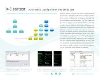 Les TI peuvent vous donner le sourirePartager :Fresche Legacy : X-Datatest
X-Datatest Automatise la préparation des BD de test
Créez des sous-ensembles de BD contrôlés pour assurer l’exactitude des tests Dans des situations complexes avec plusieurs environnements de
données pour le développement, les tests et la production, il est diffi-
cile de préserver l’intégrité des données aux fins de test. La pratique
la plus courante consiste à copier les données de production, mais
faire en sorte que les données demeurent à jour pour chaque projet
et chaque combinaison d’environnement constitue une tâche fasti-
dieuse, sans parler des impacts sur la performance et les capacités
du disque. Une base de données de test améliore grandement la per-
formance et la précision des tests tout en assurant la qualité du code.
X-Datatest automatise la création de bases de données de test et l’ac-
tualisation des données de celles-ci. Les métadonnées de références
croisées de X-Analysis servent à schématiser tous les fichiers de don-
nées liés à une tâche de maintenance. Les clés étrangères dérivées
du modèle de données X-Analysis sont, quant à elles, utilisées pour
assurer que les enregistrements sélectionnés aux fins de test possè-
dent tous les enregistrements associés provenant des fichiers asso-
ciés. Les bases de données de test contiennent des données fiables
et complètes avec intégrité référentielle. Les fonctions d’actualisation
des données peuvent être intégrées à des procédures de test gérées
ou à des processus de gestion de tâches avec outils SCM.
Le filtre des critères vous permet d’extraire facilement un
sous-ensemble cohérent de données aux fins de test.
La fonction de masquage vous permet de brouiller les données
sensibles tout en préservant l’intégrité des formats spéciauxs.
Les rapports automatisés et personnalisés vous
aident à suivre la couverture des tests.
 