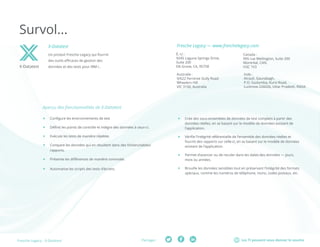 Les TI peuvent vous donner le sourirePartager :Fresche Legacy : X-Datatest
Survol...
X-Datatest
X-Datatest
Un produit Fresche Legacy qui fournit
des outils efficaces de gestion des
données et des tests pour IBM i..
Aperçu des fonctionnalités de X-Datatest
ff Configure les environnements de test
ff Définit les points de contrôle et intègre des données à ceux-ci.
ff Exécute les tests de manière répétée.
ff Compare les données qui en résultent dans des fichiers/tables/
rapports.
ff Présente les différences de manière conviviale.
ff Automatise les scripts des tests d’écrans.
Fresche Legacy — www.freschelegacy.com
ff Crée des sous-ensembles de données de test complets à partir des
données réelles, en se basant sur le modèle de données existant de
l’application.
ff Vérifie l’intégrité référentielle de l’ensemble des données réelles et
fournit des rapports sur celle-ci, en se basant sur le modèle de données
existant de l’application.
ff Permet d’avancer ou de reculer dans les dates des données — jours,
mois ou années.
ff Brouille les données sensibles tout en préservant l’intégrité des formats
spéciaux, comme les numéros de téléphone, noms, codes postaux, etc.
É.-U :	
9245 Laguna Springs Drive,
Suite 200
Elk Grove, CA, 95758
Canada :	
995 rue Wellington, Suite 200
Montréal, CAN,
H3C 1V3
Inde :	
Atrauli, Gaurabagh,
P.O. Gudumba, Kursi Road,
Lucknow 226026, Uttar Pradesh, INDIA
Australie :	
9/622 Ferntree Gully Road
Wheelers Hill
VIC 3150, Australia
 