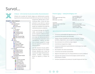 Les TI peuvent vous faire sourirePartager :Fresche Legacy: X-Resize
Survol...
X-Resize : riche éventail de fonctionnalités d’automatisation
X-Resize est le produit de Fresche Legacy qui redimensionne automa-
tiquement les champs de bases de données ainsi que tous les champs des
programmes affectés dans un envi-
ronnement IBM i. L’écran de menu
présenté ici vous donne un aperçu
de toutes les fonctionnalités autom-
atisées qui simplifient les projets de
redimensionnement complexes.
Le principal avantage des fonction-
nalités automatisées de X-Resize
est leur capacité à réduire le risque.
Évaluer et résoudre tous les impacts
d’un projet de redimensionnement
est pratiquement impossible à faire
manuellement. X-Resize ne laisse
rien au hasard, prenant en charge
tous les aspects du travail de redi-
mensionnement.
Une des fonctions les plus perfor-
mantes de X-Resize est son analyse
d’impact détaillée pour toutes les
instances de l’objet redimensionné :
champs, variables, programmes,
écrans et rapports, y compris les
alias.
É.-U. :	
9245 Laguna Springs Drive,
Suite 200
Elk Grove, CA, 95758
Canada/Siège social :	
995 rue Wellington,
Suite 200
Montreal, CAN, H3C 1V3
Inde :	
Atrauli, Gaurabagh,
P.O. Gudumba, Kursi Road,
Lucknow 226026
Uttar Pradesh, INDE
Fresche Legacy — www.freschelegacy.com
Australie :	
9/622 Ferntree Gully Road
Wheelers Hill
VIC 3150
Australie
Agrandissement automatisé des champs
ff Conversion automatisée de l’agrandissement des champs
ff Conversion des positions des décimales
ff Analyse d’impact détaillée pour toutes les instances : champs,
variables, programmes, vues et rapports, y compris les alias.
ff Documentation de contrôle du projet intégrée
ff Contrôle des changements intégré
ff Conversion entièrement automatisée de la source pour tous types
d’objets/sources
ff Recompilation de masse automatisée
ff Conversions de données automatisées
ff Rapports d’exceptions pour les chevauchements et autres problèmes
ff Fusionner de nouveau la source et les objets convertis dans les
bibliothèques d’origine
ff Fonctions facultatives de conversion Unicode (moyennant des frais)
 