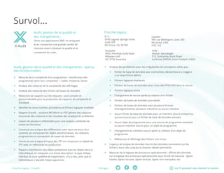 Les TI peuvent vous donner le sourirePartager :Fresche Legacy : X-Audit
Survol...
Audit, gestion de la qualité et des changements : aperçu
des fonctionnalités
ff Mesures de la complexité d’un programme : classification des
programmes selon leur complexité — faible, moyenne, haute
ff Analyse des mesures de la complexité des affichages
ff Analyse des mesures des fichiers de bases de données
ff Rédaction de rapports sur les mesures : outil complet et
personnalisable pour la production de rapports de complexité et
d’analyse
ff Identifie les sous-routines, procédures et fichiers logiques inutilisés
ff Rapport d’audit : assistant MS Word ou PDF génère des rapports
structurés des mesures et des résultats des analyses de problèmes
ff Liaison de plusieurs référentiels pour une analyse combinée de
toutes les fonctions
ff Construit une analyse des différences entre deux versions d’un
système, en comparant les règles administratives, les relations,
programmes et conceptions de bases de données.
ff Construit une analyse d’impact des PTF en comparant un dépôt de
PTF avec un référentiel de production.
ff Rapport d’attribution des objets présentant tous les objets dans la
bibliothèque, en indiquant une brève description, le type d’objet,
l’attribut, le sous-système de l’application, s’il y a lieu, ainsi que la
bibliothèque à laquelle l’objet appartient.
X-Audit
Audit, gestion de la qualité et
des changements :
Gérez vos applications IBM i en analysant
et en comparant une grande variété de
mesures visant à évaluer la qualité et la
complexité du code..
Fresche Legacy :
ff Analyse des problèmes pour les irrégularités de conception, telles que :
ff Fichier de base de données avec contraintes, déclencheurs (« triggers
») et Select/Omit définis
ff Fichiers logiques dupliqués
ff Fichiers de bases de données avec mots clés FIFO/LIFO dans la source
ff Fichiers logiques joints
ff Changement de source après la création d’un fichier
ff Fichiers de bases de données journalisés
ff Fichiers de bases de données avec plusieurs formats
d’enregistrements, plusieurs membres ou aucun membre
ff Aucun fichier de base de données pour un membre source existant ou
aucune source pour un fichier de base de données existant
ff Aucun objet de programme pour une source de programme existante
ou aucun membre source pour un objet de programme
ff Changement du membre source après la création d’un objet de
programme
ff Références à l’affichage des fichiers non inclus
ff L’aperçu de la base de données fournit des données sommaires sur les
fichiers, leurs clés uniques et d’autres détails pertinents
ff Mesures de la logique des processus opérationnels : affiche des données
sur la logique des processus opérationnels sous forme de mesures : lignes
totales, lignes incluses, lignes exclues, lignes non marquées, etc.
É.-U :	
9245 Laguna Springs Drive,
Suite 200
Elk Grove, CA, 95758
Canada :	
995 rue Wellington, Suite 200
Montréal, CAN,
H3C 1V3
Inde :	
Atrauli, Gaurabagh,
P.O. Gudumba, Kursi Road,
Lucknow 226026, Uttar Pradesh, INDIA
Australie:	
9/622 Ferntree Gully Road
Wheelers Hill
VIC 3150, Australia
 