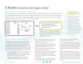 Les TI peuvent vous donner le sourirePartager :Fresche Legacy : X-Rules
X-Rules Extraction des règles métier
Intuitive graphical user interface
Program understanding at an application level
Solution for multi-level impact analysis and cross-referencing of complex RPG & COBOL applications
Graphical and Pseudo Code documentation of the entire system
X-Rules expose l’inventaire complet de vos règles métier
Voici un exemple montrant comment X-Rules permet instantanément de tirer profit des règles métier d’un système hérité, même si l’on
n’est pas un expert desdites technologies. Une entreprise possède la règle métier suivante : « une commande client doit être affectée à un
représentant des ventes. » Cette règle sera implantée en langage RPG, tel que montré dans l’exemple de gauche ci-dessous. L’exemple de
droite montre comment X-Rules traduit ce code en pseudo-code compréhensible.
0261.00	C	 SPERSON	 CHAIN	 SLMEN	
0262.00	C	 *IN99	IFEQ	 ‘1’	 *IN34		
0263.00	C		 MOVE	 ‘1’		
0264.00	C		 MOVE	 ‘OEM0023’	 MSGID	
0265.00	 C		 CALL	 RTNMTX	MSGID	 7
0266.00	C		PARM			
0267.00	 C		 PARM	 *ALL’-’	 ERRMSG	132
0268.00	C		MOVE		PNAME	
0269.00	C		LEAVE			
0270.00	C		 ENDIF		
Rule 71 Rep not found on Salespersons
IF Not Found(Salespersons)
ERROR ‘Salesperson not found’
Full_Name = *ALL’-’
END
Vous pouvez imprimer ou afficher ces pseudo-règles,
leur créer des références croisées, les exporter en tant
que code XML, puis les consolider et les retourner aux
fichiers/champs de la base de données, par interface
utilisateur ou par programme.
Les règles métier qui sont cruciales pour mener vos opéra-
tions légalement et efficacement sont éparpillées à travers
votre code logiciel hérité. À ce jour, les services et technolo-
gies de Fresche ont permis d’analyser des milliards de lignes
de code RPG, Cobol et CA 2E sur des machines IBM i au cours
des 25 dernières années. Ces expériences ont permis d’iden-
tifier des raisons impérieuses de bien gérer les règles métier :
ff Souvent, les règles métier survivent aux ressources ET
aux applications logicielles. Une compagnie pourrait
remplacer, réécrire ou moderniser un système, mais la
plupart des règles demeureront les mêmes.
ff Il se peut qu’une même règle métier ne soit pas im-
plantée de manière cohérente à plusieurs endroits
dans le code logiciel. L’entreprise sera en mesure
de mener ses activités, mais pas aussi efficace-
ment qu’elle pourrait le faire.
ff Les décisions de gestion et/ou les changements
de réglementation sont souvent implantés en tant
que logique des règles métier dans le code.
ff Il arrive que des règles héritées dans les systèmes
patrimoniaux nuisent aux affaires.
ff Dans les systèmes très désuets, où les architectes,
gestionnaires et concepteurs ont quitté l’entre-
prise depuis très longtemps, le code logiciel de-
meure parfois l’unique source de certaines règles
métier cruciales.
ff Les compagnies capables d’accéder directement à
toutes les règles métier dans leur code logiciel
Pourquoi se préoccuper des règles métier ? sont plus aptes à réagir rapidement à la dy-
namique de leur secteur d’activité.
ff Les compagnies qui optimisent la réutilisation
de règles métier éprouvées dans le code logiciel
améliorent l’agilité de leur entreprise, en plus de
réduire leurs coûts globaux. Le développement du
code logiciel des règles métier éprouvées coûte
cher.
ff Le code source RPG peut s’avérer utile pour
mettre en place des règles métier, mais il ne sera
pas très efficace pour documenter ou analyser ces
dernières. Pour toute entreprise, la simplification
et l’amélioration de la communication entre les
différents intervenants revêtent une importance
cruciale.
Combien de règles
possède une application
IBM i typique?
Au cours des 25 dernières
années, X-Analysis a été
utilisée par de nombreuses
entreprises travaillant dans
l’environnement IBM i de
partout à travers le monde
afin d’analyser une multitude
d’applications différentes. Une
application « typique » compte
environ un million de lignes
de code (mais certaines sont
beaucoup plus volumineuses)
et 30 000 règles métier.
 