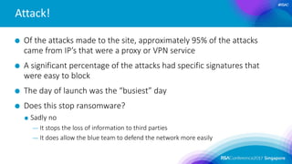 #RSAC
Attack!
Of the attacks made to the site, approximately 95% of the attacks
came from IP’s that were a proxy or VPN service
A significant percentage of the attacks had specific signatures that
were easy to block
The day of launch was the “busiest” day
Does this stop ransomware?
Sadly no
— It stops the loss of information to third parties
— It does allow the blue team to defend the network more easily
 