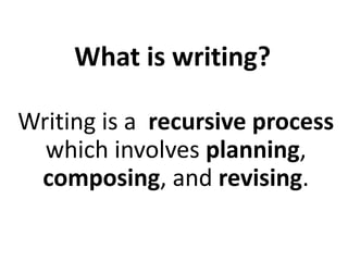 What is writing?
Writing is a recursive process
which involves planning,
composing, and revising.
 