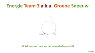 Energie Team 3 a.k.a. Groene Sneeuw




      PS: Wij doen niet mee aan het sneeuwballengevecht!

                                                           Energie 3
 
