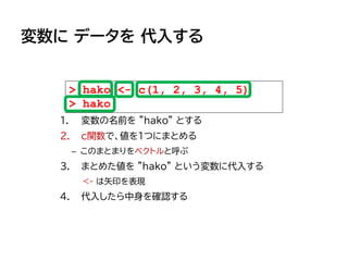 変数に データを 代入する
1. 変数の名前を ”hako” とする
2. c関数で、値を1つにまとめる
– このまとまりをベクトルと呼ぶ
3. まとめた値を ”hako” という変数に代入する
<- は矢印を表現
4. 代入したら中身を確認する
> hako <- c(1, 2, 3, 4, 5)
> hako
 