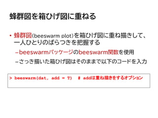 蜂群図を箱ひげ図に重ねる
• 蜂群図（beeswarm plot）を箱ひげ図に重ね描きして、
一人ひとりのばらつきを把握する
–beeswarmパッケージのbeeswarｍ関数を使用
–さっき描いた箱ひげ図はそのままで以下のコードを入力
> beeswarm(dat, add = T) # addは重ね描きをするオプション
 