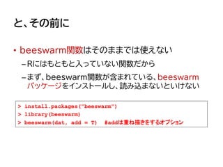 と、その前に
• beeswarm関数はそのままでは使えない
–Rにはもともと入っていない関数だから
–まず、beeswarm関数が含まれている、beeswarm
パッケージをインストールし、読み込まないといけない
> install.packages("beeswarm")
> library(beeswarm)
> beeswarm(dat, add = T) #addは重ね描きをするオプション
 