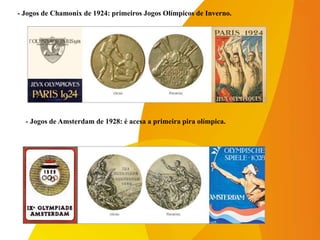 - Jogos de Chamonix de 1924: primeiros Jogos Olímpicos de Inverno.
- Jogos de Amsterdam de 1928: é acesa a primeira pira olímpica.
 