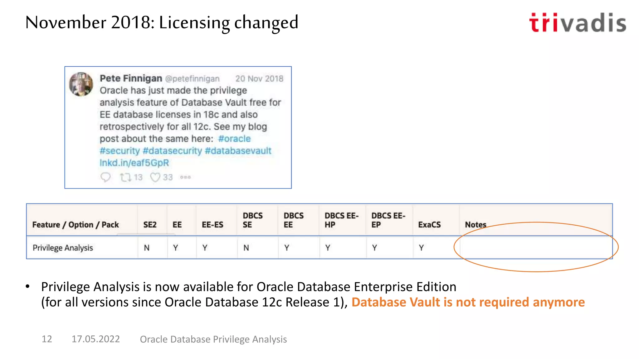 November 2018: Licensing changed
• Privilege Analysis is now available for Oracle Database Enterprise Edition
(for all versions since Oracle Database 12c Release 1), Database Vault is not required anymore
17.05.2022 Oracle Database Privilege Analysis
12
 