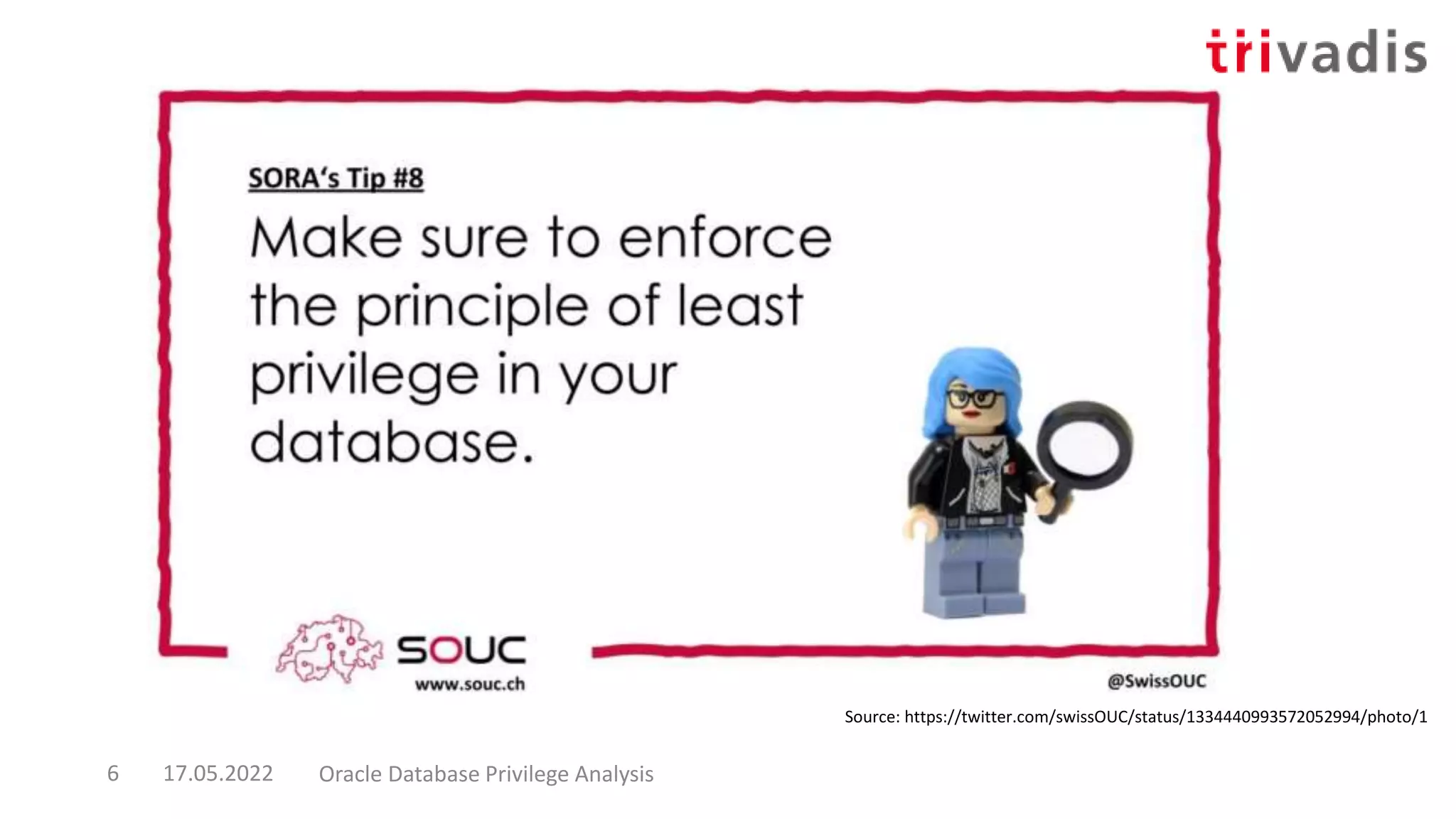 Source: https://twitter.com/swissOUC/status/1334440993572052994/photo/1
17.05.2022 Oracle Database Privilege Analysis
6
 