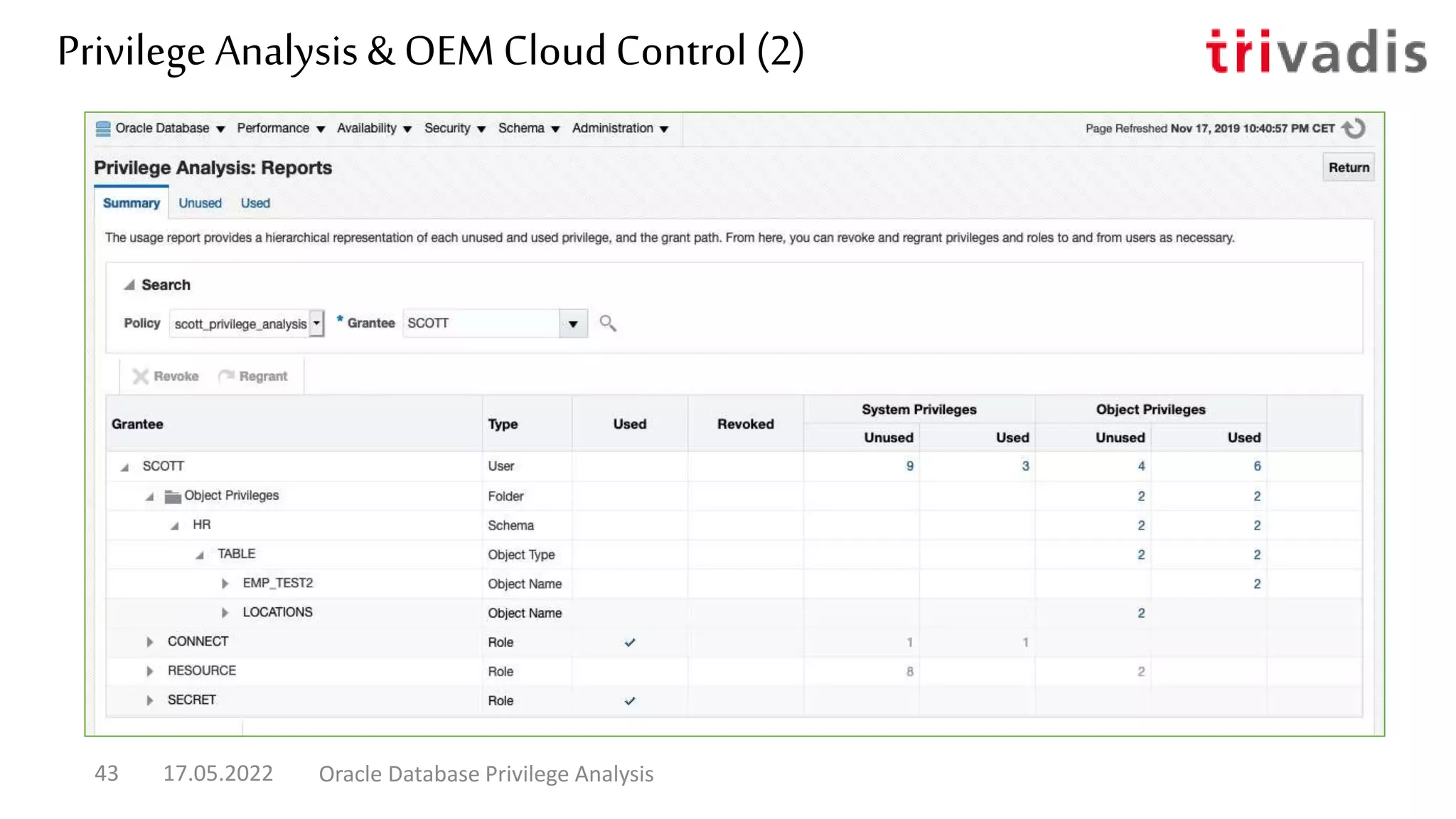 Privilege Analysis& OEM Cloud Control (2)
17.05.2022 Oracle Database Privilege Analysis
43
 