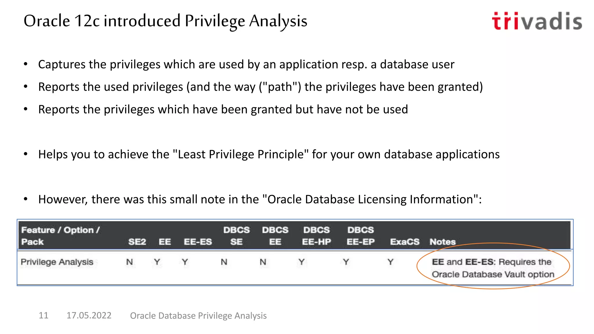Oracle 12c introduced Privilege Analysis
• Captures the privileges which are used by an application resp. a database user
• Reports the used privileges (and the way ("path") the privileges have been granted)
• Reports the privileges which have been granted but have not be used
• Helps you to achieve the "Least Privilege Principle" for your own database applications
• However, there was this small note in the "Oracle Database Licensing Information":
17.05.2022 Oracle Database Privilege Analysis
11
 