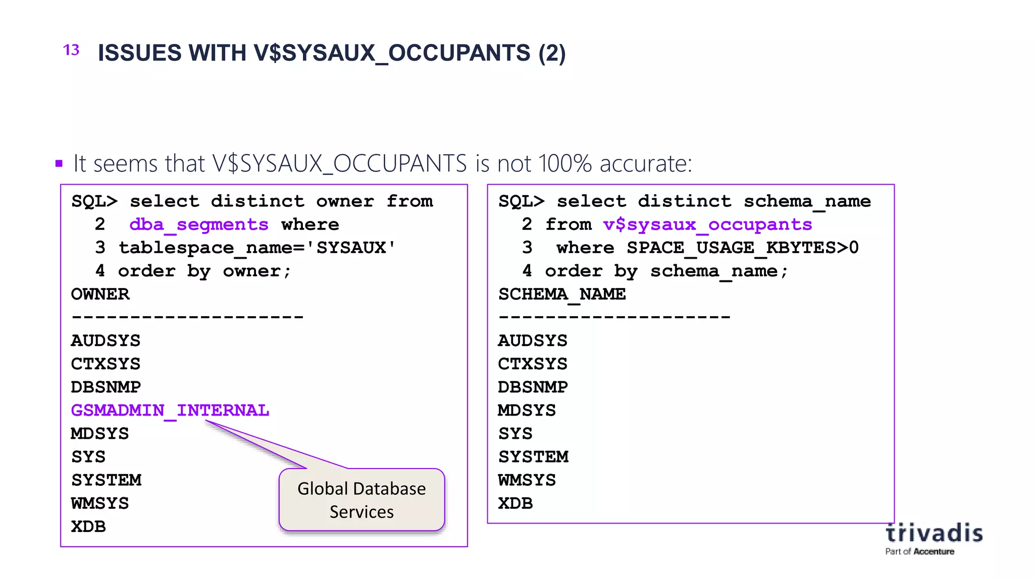 13 ISSUES WITH V$SYSAUX_OCCUPANTS (2)
 It seems that V$SYSAUX_OCCUPANTS is not 100% accurate:
SQL> select distinct schema_name
2 from v$sysaux_occupants
3 where SPACE_USAGE_KBYTES>0
4 order by schema_name;
SCHEMA_NAME
--------------------
AUDSYS
CTXSYS
DBSNMP
MDSYS
SYS
SYSTEM
WMSYS
XDB
SQL> select distinct owner from
2 dba_segments where
3 tablespace_name='SYSAUX'
4 order by owner;
OWNER
--------------------
AUDSYS
CTXSYS
DBSNMP
GSMADMIN_INTERNAL
MDSYS
SYS
SYSTEM
WMSYS
XDB
Global Database
Services
 