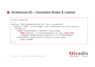 Architecture (8) – Connection Broker & Listener
Oracle 12c: Multi Process Multi Threaded25 12/24/16
lsnrctl services
[..]
Service "TEST.markusflechtner.vm" has 1 instance(s).
Instance "TEST", status READY, has 2 handler(s) for this service...
Handler(s):
"N000" established:1 refused:0 state:ready
CMON <machine: te.markusflechtner.vm, pid: 1649_1668>
(ADDRESS=(PROTOCOL=tcp)(HOST=127.0.0.1)(PORT=34848))
"DEDICATED" established:0 refused:0 state:ready
LOCAL SERVER
[..]
 