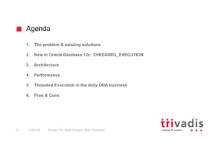 Agenda
Oracle 12c: Multi Process Multi Threaded6 12/24/16
1. The problem & existing solutions
2. New in Oracle Database 12c: THREADED_EXECUTION
3. Architecture
4. Performance
5. Threaded Execution in the daily DBA business
6. Pros & Cons
 