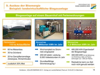 9. Ausbau der Bioenergie
     Beispiel: landwirtschaftliche Biogasanlage

                 Biogasanlage auf einem Bauernhof mit Ferienwohnungen




Flächenbedarf:                             Stromertrag:                                 Wärmeertrag:
      110 ha Anbaufläche                    2 Millionen kWh im Jahr                      1,6 Millionen kWh im Jahr

    60 ha Maisanbau                             Wird komplett ins Strom-                      480.000 kWh Eigenbedarf
    30 ha Grünland                              netz eingespeist                              der Biogasanlage
                                                200 kW elektr. Leistung,                      300.000 kWh für die Beheizung
    20 ha Ganzpflanzensilage                    8.000 Vollaststunden im Jahr                  von Wohnhaus, Stall und Ferien-
    (Ackergras, Wintertriticale)                                                              wohnungen (ca. 1.000 qm Fläche)

                                                Grundlastfähige                               Restwärme kann zur Zeit
    zusätzlich 30% Mist                         Stromerzeugung !                              noch nicht genutzt werden

                   Konferenz „VOLLER ENERGIE 2013“, Vortrag von Landrat Bertram Fleck am 15.03.2013 in Mannheim                 16
 