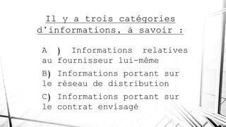 A ) Informations relatives
au fournisseur lui-même
B) Informations portant sur
le réseau de distribution
C) Informations portant sur
le contrat envisagé
 