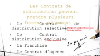 • Le Contrat de
distribution sélective
• Le Contrat de
distribution exclusive
• La Franchise
• Le Contrat d’agence
Changer en caractéristiques sous
forme de matrice…
Exclure du champ
 