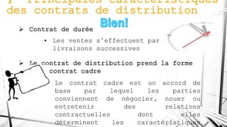 1- Principales caractéristiques
des contrats de distribution
 Contrat de durée
• Les ventes s’effectuent par
livraisons successives
 Le contrat de distribution prend la forme
d’un contrat cadre
• Le contrat cadre est un accord de
base par lequel les parties
conviennent de négocier, nouer ou
entretenir des relations
contractuelles dont elles
déterminent les caractéristiques
 