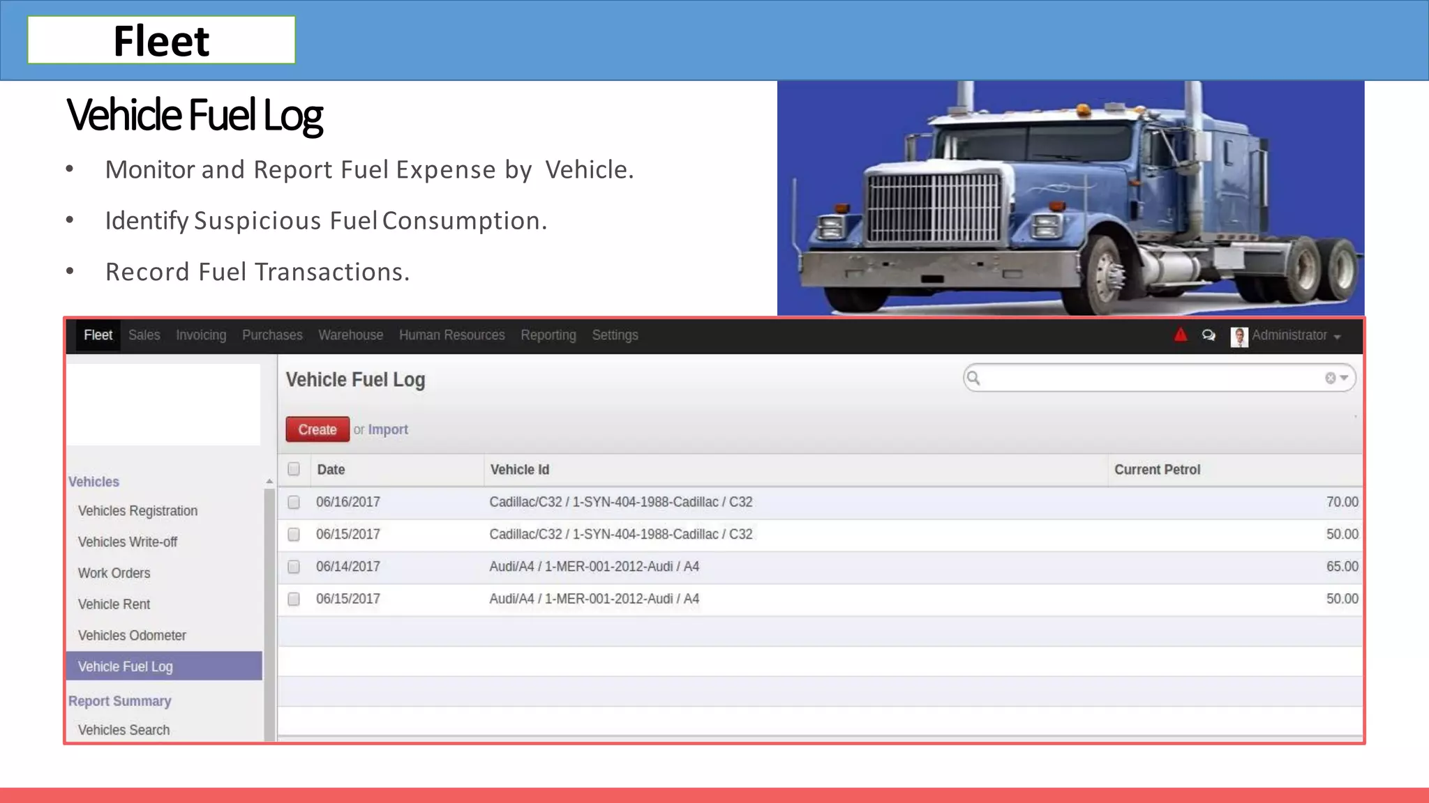 VehicleFuelLog
• Monitor and Report Fuel Expense by Vehicle.
• Identify Suspicious FuelConsumption.
• Record Fuel Transactions.
Fleet
 