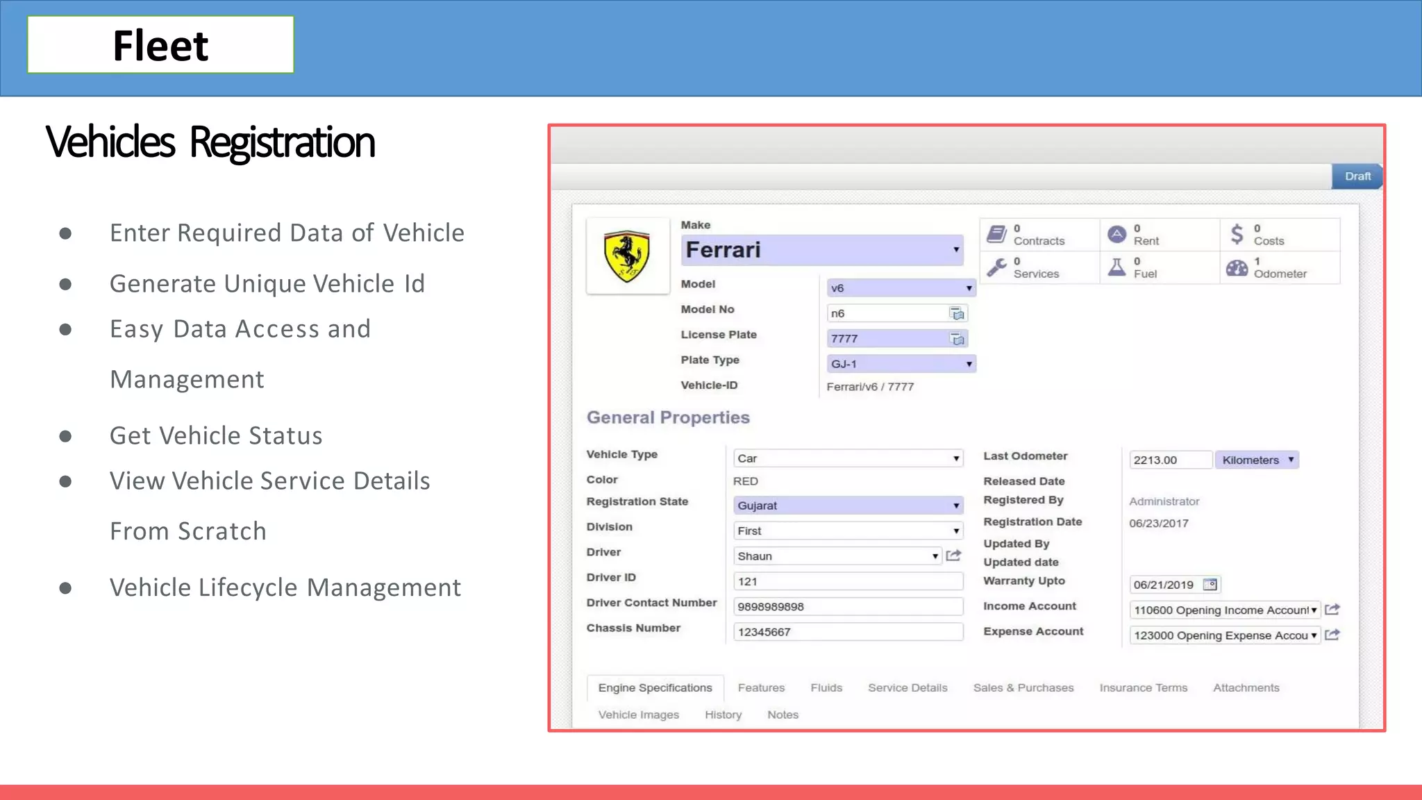 Vehicles Registration
● Enter Required Data of Vehicle
● Generate Unique Vehicle Id
● Easy Data Access and
Management
● Get Vehicle Status
● View Vehicle Service Details
From Scratch
● Vehicle Lifecycle Management
Fleet
 