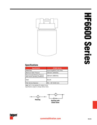 10-15cumminsfiltration.com
Specification HF6600 Series
Rated Flow Up to 35 gal/min (132 L/min)
Maximum Static Pressure 500 lb/in2
(3448 kPa)
Recommended Working Pressure
(Non-shock operating conditions)
300 lb/in2
(2068 kPa)
Seals Buna N
Filter Service Clearance Min. 1.30" (33.02 mm)
Housing
Housing with
Check Valve
Note: lb/in2
is the standard SI notation for psi.
Specifications subject to change without notice.
Specifications
HF6600Series
 