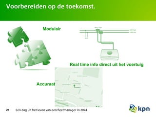 29
Voorbereiden op de toekomst.
Accuraat
Modulair
Real time info direct uit het voertuig
Een dag uit het leven van een fleetmanager in 2024
 
