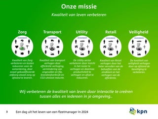 Onze missie
Kwaliteit van leven verbeteren
3
Zorg
Kwaliteit van Zorg
verbeteren en kosten
reduceren voor de
samenleving, door
zowel gekwalificeerde
zelfzorg alswel zorg op
afstand te leveren.
Transport
Kwaliteit van transport
verhogen door
efficiëntie verhoging,
vermindering van
ongevallen en file,
brandstofverbruik en
CO2-uitstoot reductie.
Utility
De Utility sector
verbeteren door inzicht
in het raster te
verhogen en daarmee
productiviteit te
verhogen en afval te
reduceren.
Retail
Kwaliteit van Retail
verhogen door het
beter vervullen van de
behoeften van de
eindklant en het
verhogen van de
efficiëntie.
Wij verbeteren de kwaliteit van leven door interactie te creëren
tussen alles en iedereen in je omgeving..
Een dag uit het leven van een fleetmanager in 2024
Veiligheid
De kwaliteit van
veiligheid verhogen
door op afstand de
beveiliging te
verbeteren.
 