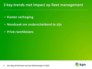 3 key-trends met impact op fleet management
• Kosten verhoging
• Noodzaak om onderscheidend te zijn
• Privé-/werkbalans
6 Een dag uit het leven van een fleetmanager in 2024
 