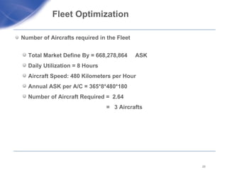 Fleet Optimization  Number of Aircrafts required in the Fleet  Total Market Define By = 668,278,864  ASK Daily Utilization = 8 Hours  Aircraft Speed: 480 Kilometers per Hour Annual ASK per A/C = 365*8*480*180 Number of Aircraft Required =  2.64    =  3 Aircrafts  