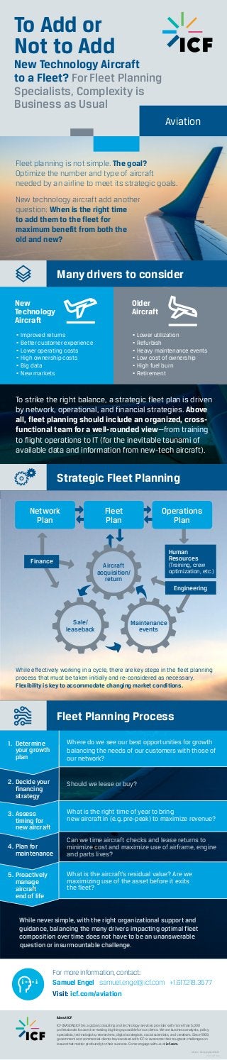 Where do we see our best opportunities for growth
balancing the needs of our customers with those of
our network?
Should we lease or buy?
What is the right time of year to bring
new aircraft in (e.g. pre-peak) to maximize revenue?
Can we time aircraft checks and lease returns to
minimize cost and maximize use of airframe, engine
and parts lives?
What is the aircraft’s residual value? Are we
maximizing use of the asset before it exits
the fleet?
Assess
timing for
new aircraft
Decide your
financing
strategy
Plan for
maintenance
Proactively
manage
aircraft
end of life
Determine
your growth
plan
1.
2.
3.
4.
5.
While never simple, with the right organizational support and
guidance, balancing the many drivers impacting optimal fleet
composition over time does not have to be an unanswerable
question or insurmountable challenge.
icf.com ©Copyright 2016 ICF
BIS DG 0317 0053
Fleet planning is not simple. The goal?
Optimize the number and type of aircraft
needed by an airline to meet its strategic goals.
New technology aircraft add another
question: When is the right time
to add them to the fleet for
maximum benefit from both the
old and new?
To Add or
Not to Add
New Technology Aircraft
to a Fleet? For Fleet Planning
Specialists, Complexity is
Business as Usual
Aviation
Many drivers to consider
For more information, contact:
Samuel Engel samuel.engel@icf.com +1.617.218.3577
Visit: icf.com/aviation
▪▪ Improved returns
▪▪ Better customer experience
▪▪ Lower operating costs
▪▪ High ownership costs
▪▪ Big data
▪▪ New markets
▪▪ Lower utilization
▪▪ Refurbish
▪▪ Heavy maintenance events
▪▪ Low cost of ownership
▪▪ High fuel burn
▪▪ Retirement
New
Technology
Aircraft
Older
Aircraft
To strike the right balance, a strategic fleet plan is driven
by network, operational, and financial strategies. Above
all, fleet planning should include an organized, cross-
functional team for a well-rounded view—from training
to flight operations to IT (for the inevitable tsunami of
available data and information from new-tech aircraft).
Strategic Fleet Planning
Aircraft
acquisition/
return
Sale/
leaseback
Maintenance
events
Network
Plan
Operations
Plan
Fleet
Plan
While effectively working in a cycle, there are key steps in the fleet planning
process that must be taken initially and re-considered as necessary.
Flexibility is key to accommodate changing market conditions.
Fleet Planning Process
Engineering
Human
Resources
(Training, crew
optimization, etc.)
Finance
About ICF
ICF (NASDAQ:ICFI) is a global consulting and technology services provider with more than 5,000
professionals focused on making big things possible for our clients. We are business analysts, policy
specialists, technologists, researchers, digital strategists, social scientists, and creatives. Since 1969,
government and commercial clients have worked with ICF to overcome their toughest challenges on
issues that matter profoundly to their success. Come engage with us at icf.com.
 