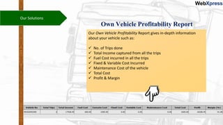 Our Solutions
Our Own Vehicle Profitability Report gives in-depth information
about your vehicle such as:
 No. of Trips done
 Total Income captured from all the trips
 Fuel Cost incurred in all the trips
 Fixed & Variable Cost Incurred
 Maintenance Cost of the vehicle
 Total Cost
 Profit & Margin
Own Vehicle Profitability Report
 