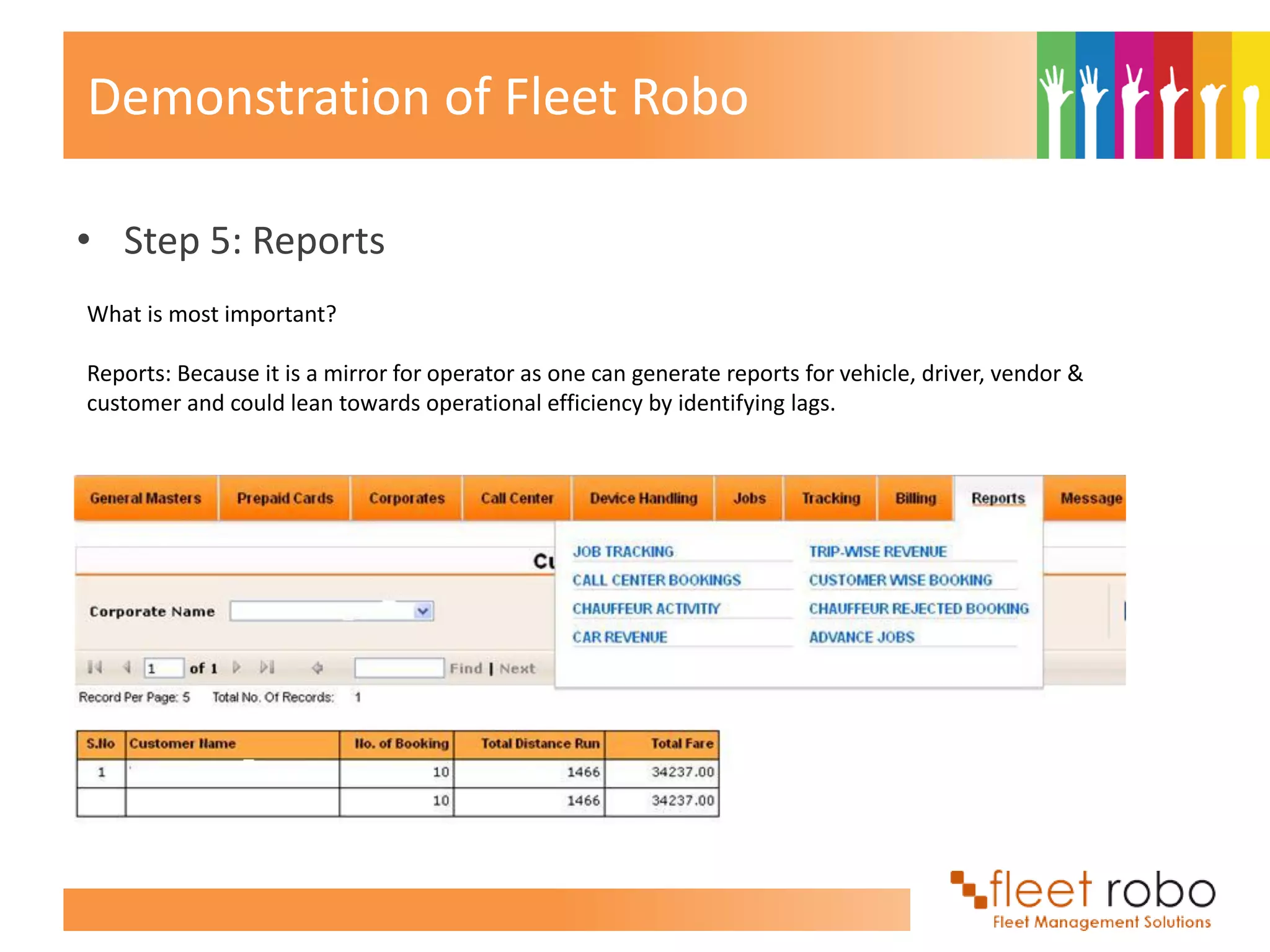 Demonstration of Fleet Robo

• Step 5: Reports
What is most important?

Reports: Because it is a mirror for operator as one can generate reports for vehicle, driver, vendor &
customer and could lean towards operational efficiency by identifying lags.
 