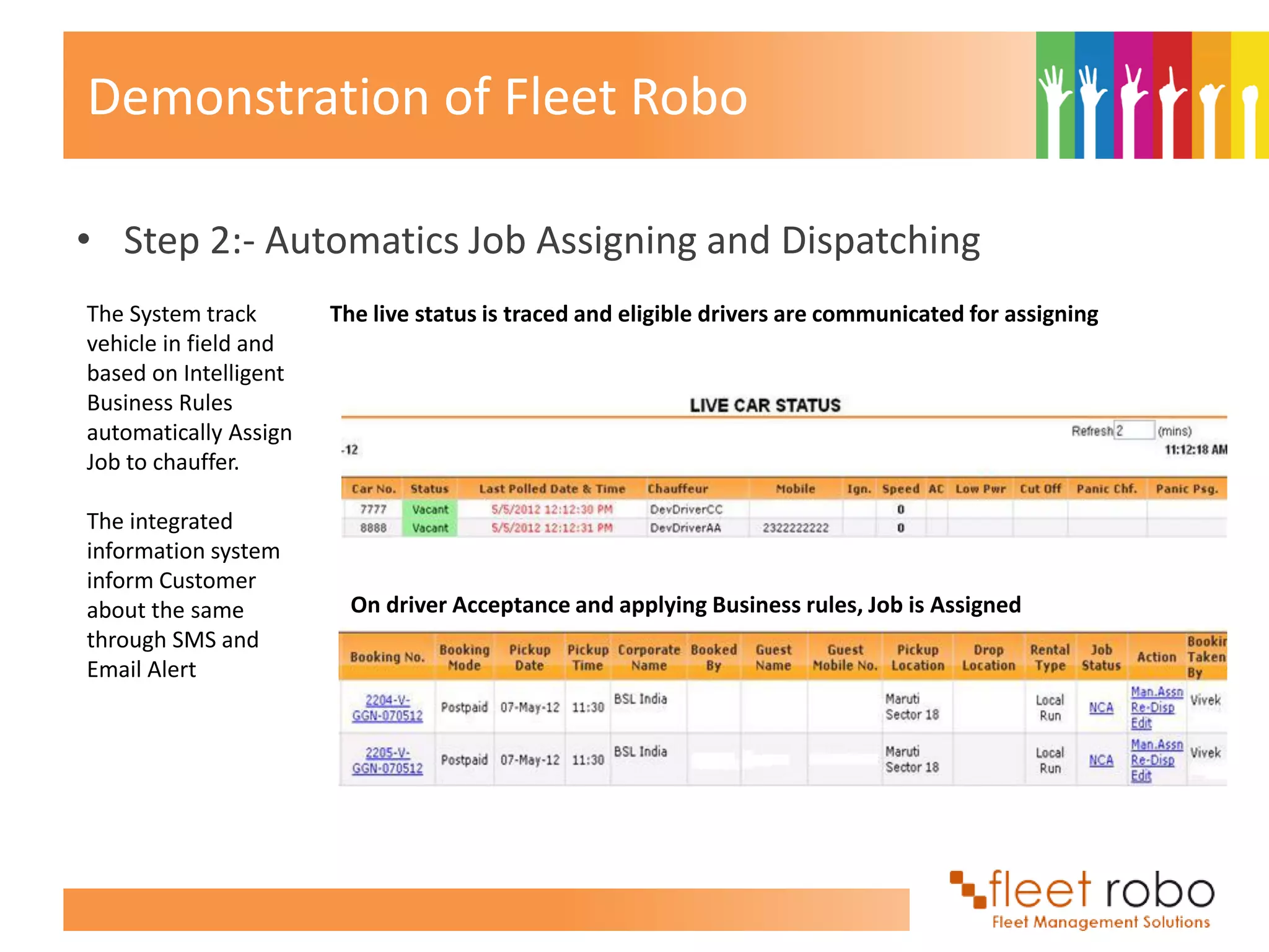 Demonstration of Fleet Robo

• Step 2:- Automatics Job Assigning and Dispatching
The System track       The live status is traced and eligible drivers are communicated for assigning
vehicle in field and
based on Intelligent
Business Rules
automatically Assign
Job to chauffer.

The integrated
information system
inform Customer
about the same           On driver Acceptance and applying Business rules, Job is Assigned
through SMS and
Email Alert
 