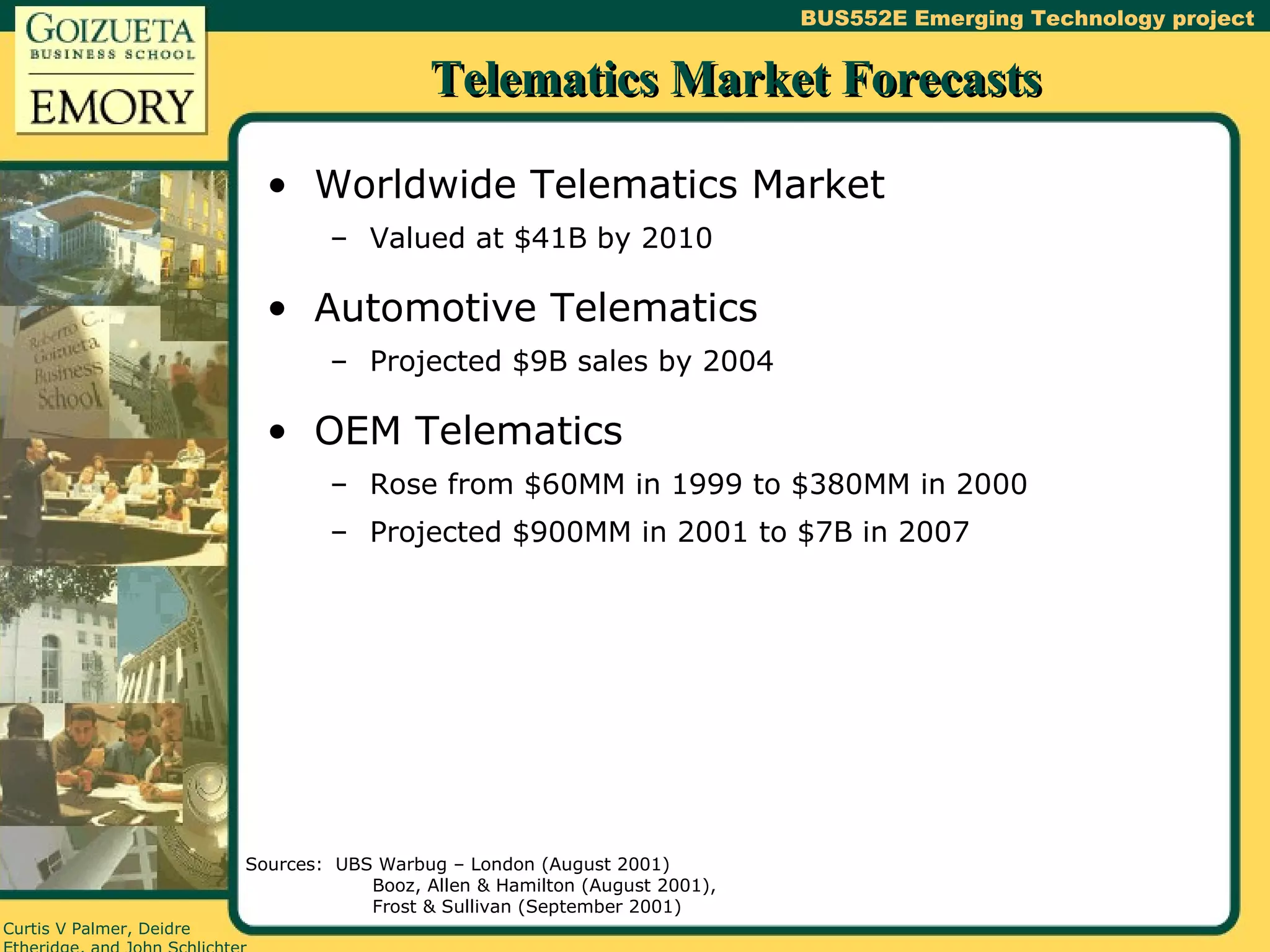 Telematics Market Forecasts Worldwide Telematics Market Valued at $41B by 2010 Automotive Telematics Projected $9B sales by 2004 OEM Telematics Rose from $60MM in 1999 to $380MM in 2000 Projected $900MM in 2001 to $7B in 2007 Sources:  UBS Warbug – London (August 2001) Booz, Allen & Hamilton (August 2001), Frost & Sullivan (September 2001) 