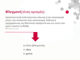 Φλεγμονή (ένας ορισμός):
 
ΠΗΓΗ: Dorland’s, Ιατρικό Λεξικό
2 τύποι φλεγμονής:
Α. οξεία
Β. χρόνια
(προστατευτική) απάντηση στην κάκωση ή την καταστροφή
ιστών, που αποσκοπεί στην καταστροφή, διάλυση ή
περιχαράκωση του βλαπτικού παράγοντα και των ιστών που
έχουν υποστεί τη βλάβη
 
