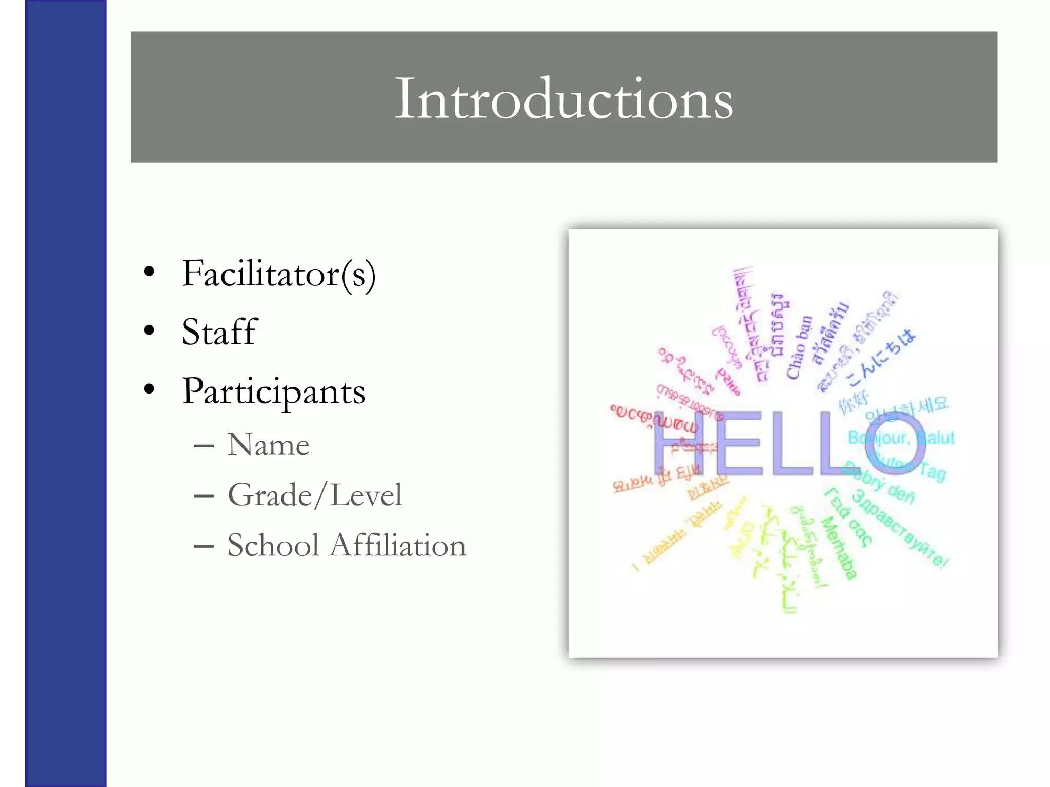 Introductions

• Facilitator(s)
• Staff
• Participants
   – Name
   – Grade/Level
   – School Affiliation
 