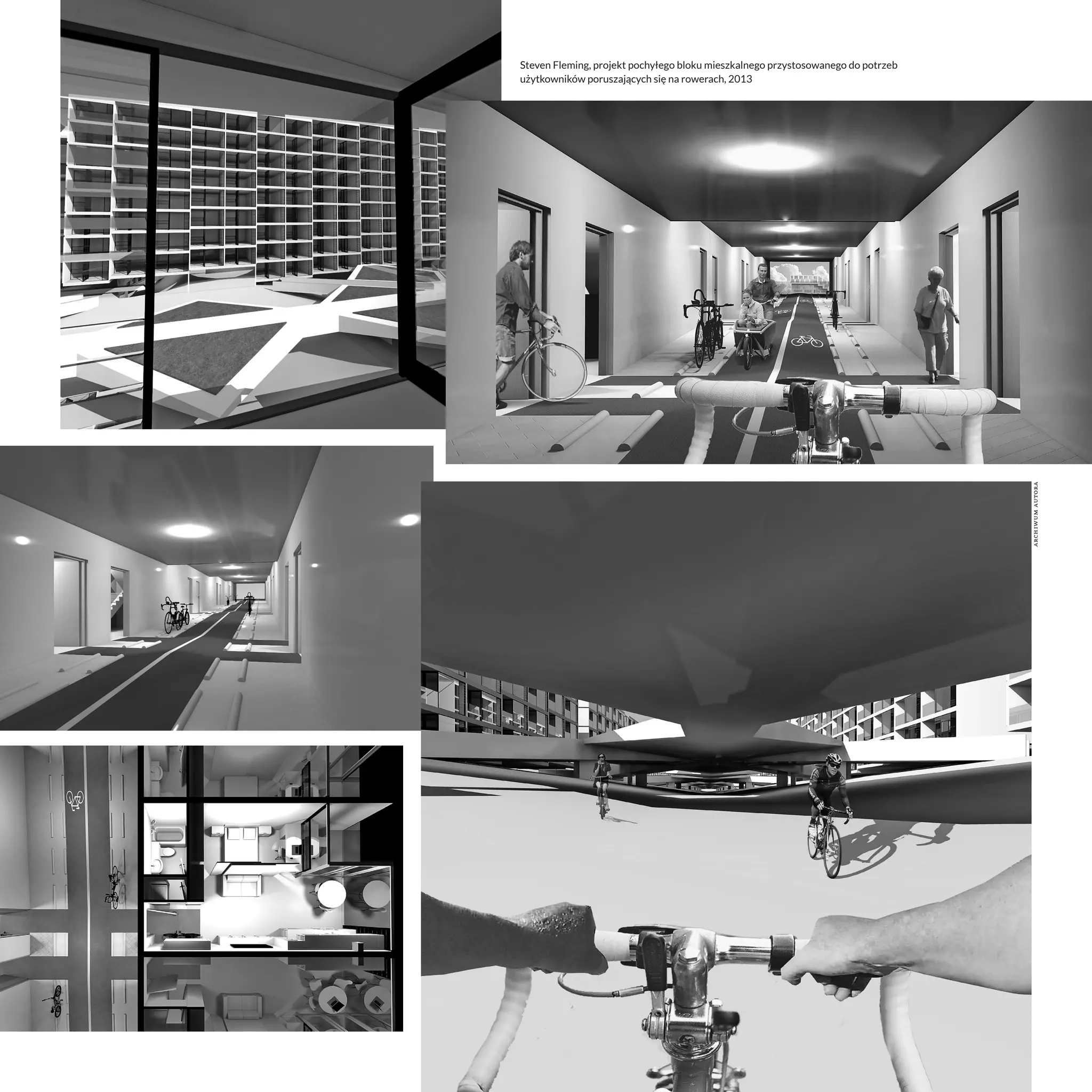 Steven Fleming, projekt pochyłego bloku mieszkalnego przystosowanego do potrzeb 
użytkowników poruszających się na rowerach, 2013 
archiwum autora 
 