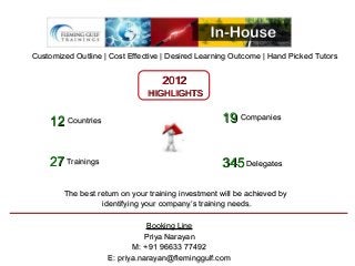 Customized Outline | Cost Effective | Desired Learning Outcome | Hand Picked TutorsCustomized Outline | Cost Effective | Desired Learning Outcome | Hand Picked Tutors
The best return on your training investment will be achieved byThe best return on your training investment will be achieved by
identifying your company’s training needs.identifying your company’s training needs.
Booking LineBooking Line
Priya NarayanPriya Narayan
M: +91 96633 77492M: +91 96633 77492
E: priya.narayan@fleminggulf.comE: priya.narayan@fleminggulf.com
20122012
HIGHLIGHTSHIGHLIGHTS
1212 1919
2727 345345
CountriesCountries CompaniesCompanies
TrainingsTrainings DelegatesDelegates
 