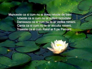 Munceste ca si cum nu ai avea nevoie de bani
Iubeste ca si cum nu ai suferit niciodata .
Danseaza ca si cum nu te-ar vedea nimeni.
Canta ca si cum nu te-ar asculta nimeni.
Traieste ca si cum Raiul ar fi pe Pamant.
 