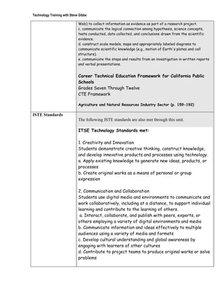 Technology Training with Steve Gibbs

                              Web) to collect information as evidence as part of a research project.
                              c. communicate the logical connection among hypothesis, science concepts,
                              tests conducted, data collected, and conclusions drawn from the scientific
                              evidence.
                              d. construct scale models, maps and appropriately labeled diagrams to
                              communicate scientific knowledge (e.g., motion of Earth's plates and cell
                              structure).
                              e. communicate the steps and results from an investigation in written reports
                              and verbal presentations.


                              Career Technical Education Framework for California Public
                              Schools
                              Grades Seven Through Twelve
                              CTE Framework

                              Agriculture and Natural Resources Industry Sector (p. 159-192)

ISTE Standards
                              The following ISTE standards are also met through this unit.

                              ITSE Technology Standards met:

                              1. Creativity and Innovation
                              Students demonstrate creative thinking, construct knowledge,
                              and develop innovative products and processes using technology.
                              a. Apply existing knowledge to generate new ideas, products, or
                              processes
                              b. Create original works as a means of personal or group
                              expression

                              2. Communication and Collaboration
                              Students use digital media and environments to communicate and
                              work collaboratively, including at a distance, to support individual
                              learning and contribute to the learning of others.
                               a. Interact, collaborate, and publish with peers, experts, or
                              others employing a variety of digital environments and media
                              b. Communicate information and ideas effectively to multiple
                              audiences using a variety of media and formats
                              c. Develop cultural understanding and global awareness by
                              engaging with learners of other cultures
                              d. Contribute to project teams to produce original works or solve
                              problems
 